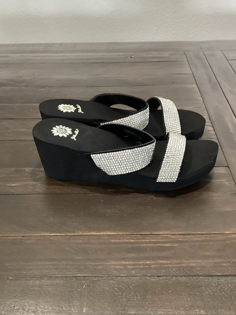 Yellow Box Black Slide Sandals with Silver Crystal‎ Straps - Picture 2 of 5